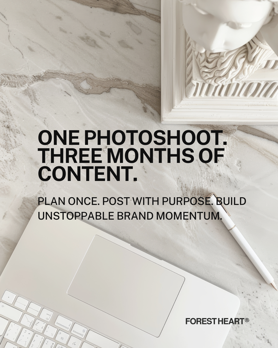 Cover image with text overlay: “One Photoshoot. Three Months of Content. Plan once. Post with purpose. Build unstoppable brand momentum.”