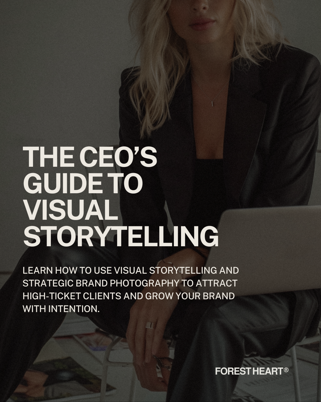Cover image for blog post titled “The CEO’s Guide to Visual Storytelling,” featuring a stylish businesswoman in a black suit seated with a laptop.