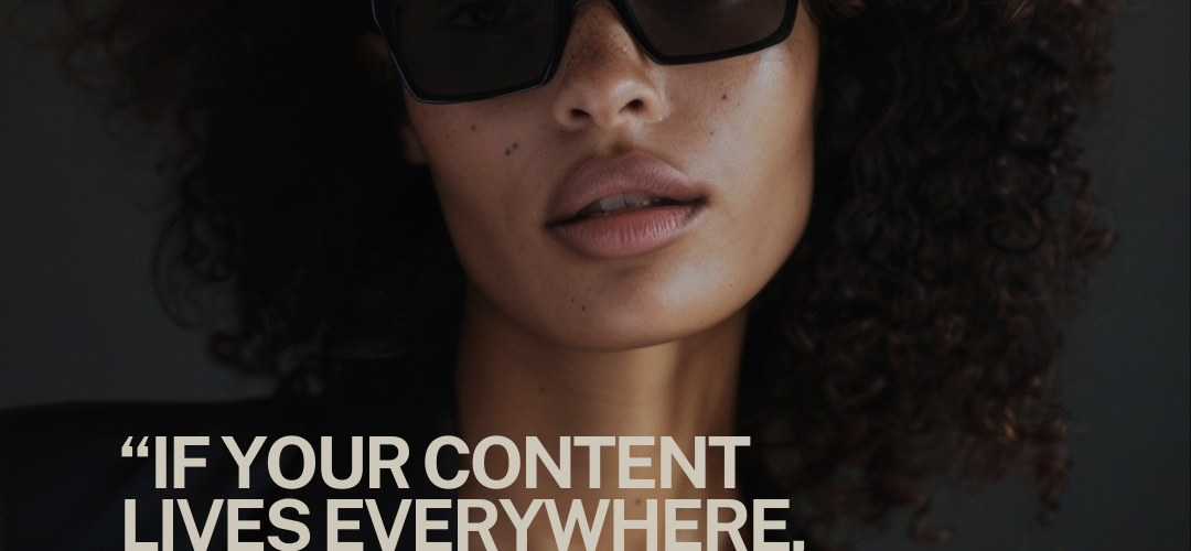 Editorial-style photo of a stylish woman in sunglasses with quote about multi-platform brand photography strategy