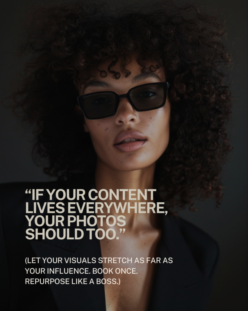 Editorial-style photo of a stylish woman in sunglasses with quote about multi-platform brand photography strategy