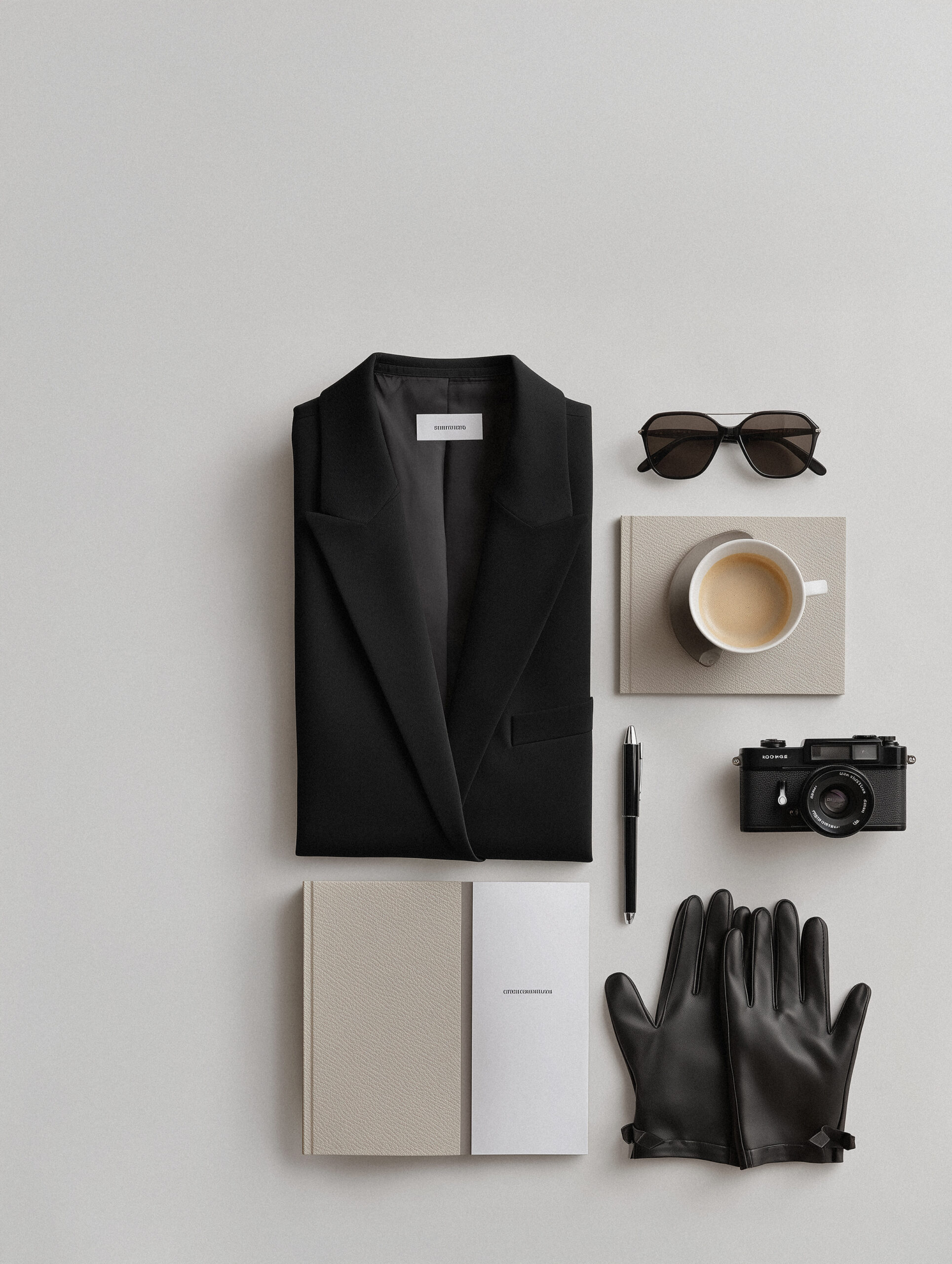 Strategic branding photoshoot preparation flat lay with blazer, camera, notebook, sunglasses, and coffee on minimal white background